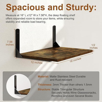 16" W x 12" D Floating Shelves for Wall, 12 Inch Deep Floating Shelf with Visible Bracket, Rustic Wood Bookshelf Wall Mounted, Deep Bathroom Shelves for Storage, Rustic Brown, Set of 2