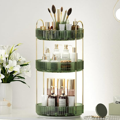 360° Rotating Makeup Organizer, Upgraded 3 Tier Skincare Perfume Organizers for Women, Bathroom Organizer Countertop, Clear Cosmetic Dresser Organizer with Makeup Brush Holder, Sink&Counter (Green)