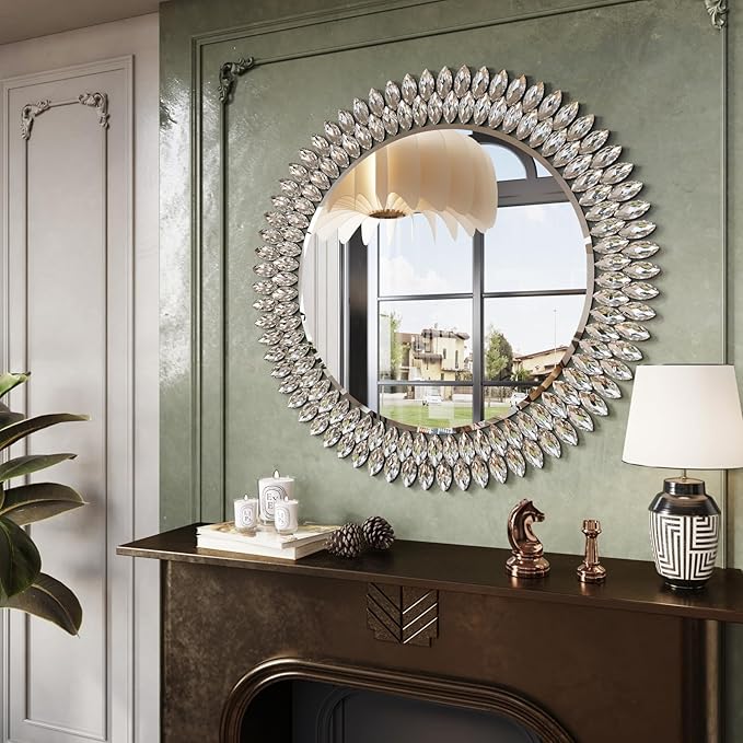 Kelly Miller Round Jeweled Mirror for Wall Decor, 32 in Modern Decorative Wall Mirror with Luxury Diamonds Beveled Vanity Mirror for Bedroom, Living Room, Bathroom, Hallway, Entryway, Fireplace