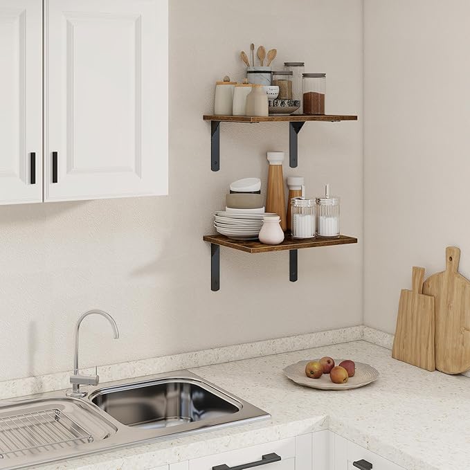 16" W x 12" D Floating Shelves for Wall, 12 Inch Deep Floating Shelf with Visible Bracket, Rustic Wood Bookshelf Wall Mounted, Deep Bathroom Shelves for Storage, Rustic Brown, Set of 2