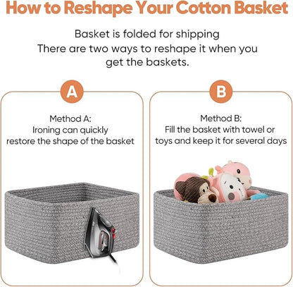 OIAHOMY 4 Pack 14.17*11.02*6.3IN Storage Baskets for Organizing Shelves, Woven Rope Baskets for Organizing Books, Clothes, Decorative Basket for Living Room, Nursery, Bedroom, Gift Basket, Grey