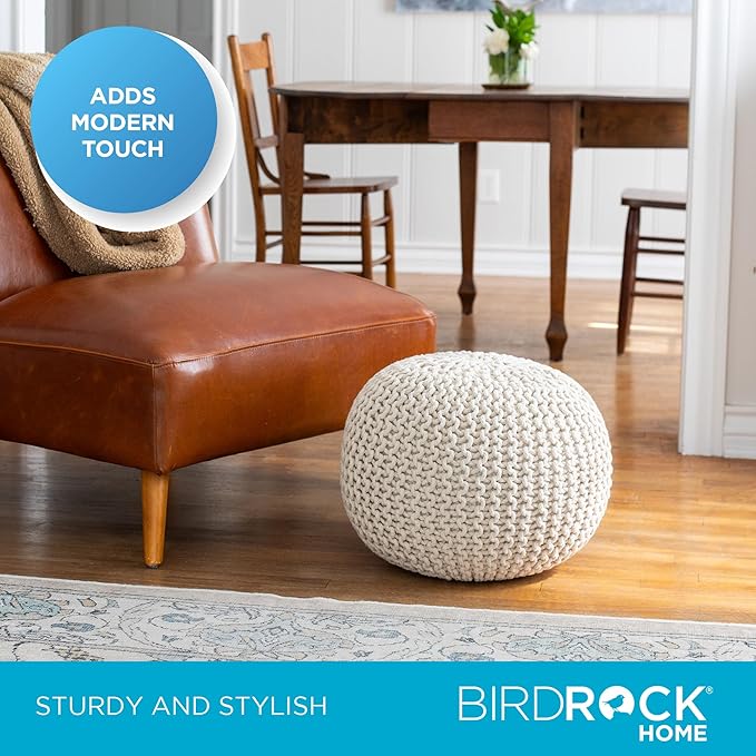 BIRDROCK HOME Round Pouf Ottoman | Cotton Braided Foot Stool with Bean Bag Filling | Boho Foot Rest for Living Room & Bedroom | Compact & Comfortable Seating, Lightweight & Soft | Ivory
