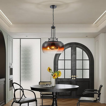WUZUPS Chandelier Rustic Farmhouse Industrial Round Ceiling Pendant LED Light Fixture with Amber Gradient Black Glass Shade for Dining Room Kitchen Island Foyer Entryway, H 20.9" W 15.9", E26 Base