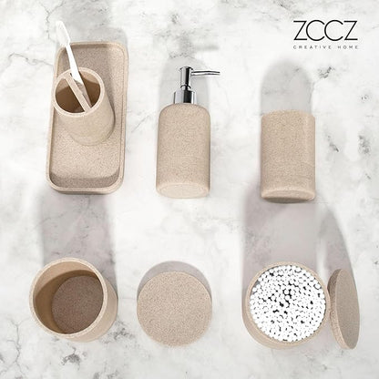 ZCCZ Beige Bathroom Accessories Set 6 Pieces - Toothbrush Holder, Lotion Dispenser, Qtip Container, Vanity Tray, Tumbler - Countertop Organizer for Bathrooms - Elegant and Functional Décor Set