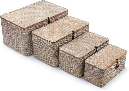 Wicker Basket with Lid, Seagrass Storage Basket, Woven Decorative Storage Baskets for Shelf Organizing, Whitewash