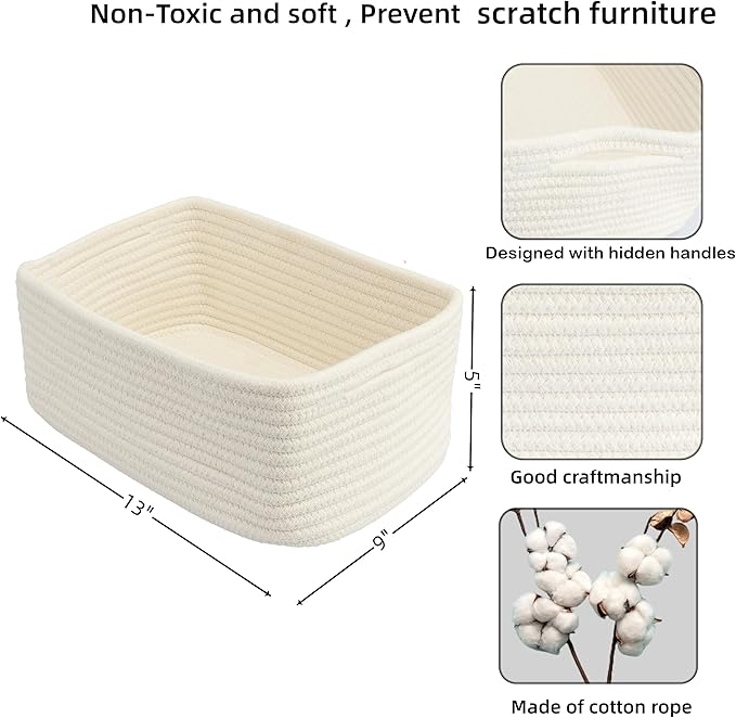 Small Woven Storage Baskets 13“X9”X5“ Decorative Rope Bins for Organizing Shelves, Closets, and Toys, Empty Gift Baskets, Cute Organizer Basket for Home and Office White Large