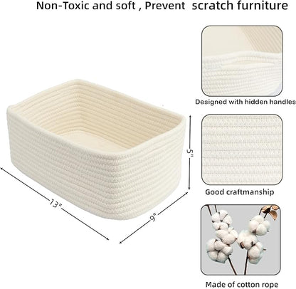 Small Woven Storage Baskets 13“X9”X5“ Decorative Rope Bins for Organizing Shelves, Closets, and Toys, Empty Gift Baskets, Cute Organizer Basket for Home and Office White Large
