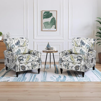 Wingback Accent Chair with Removable Pillow, High Back Floral Armchair with Solid Wood Legs & Nailhead Trim, Comfy Upholstered Reading Single Sofa Chair for Bedroom (2, Blue Floral Pattern)