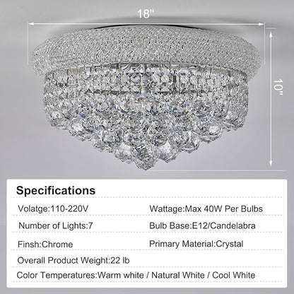 7-Light Crystal Flush Mount Chandelier Ceiling Light Fixture for Living Room Dining Room Bedroom Foyer Entryway Hallway Closet Bathroom (Chrome D18)