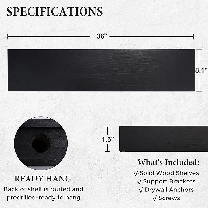 Axeman Floating Shelves, 8 Inch Deep Modern Solid Wood Wall Shelves for Storage, Wall Mounted Display Shelving with Invisible Heavy-Duty Metal Bracket, 36" W x 8" D x 1.6" H, Distressed Black