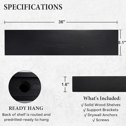 Axeman Floating Shelves, 8 Inch Deep Modern Solid Wood Wall Shelves for Storage, Wall Mounted Display Shelving with Invisible Heavy-Duty Metal Bracket, 36" W x 8" D x 1.6" H, Distressed Black