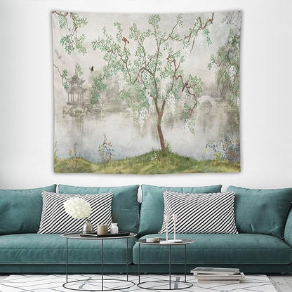 HZOHNAGO Japanese Tapestry Tree Misty Garden Lake Printed Wall Tapestry Ink Painting Wall Hanging for Bedroom Living Room Dorm 60" W x 50" H
