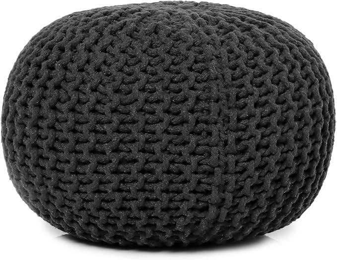 REDEARTH Round Pouf Foot Stool Ottoman - Cotton Hand Knitted Dori Pouffe - Cord Boho Home Décor - Stuffed Cable Poof for Living Room - Bedroom (19.5"x19.5"x14") - Dark Gray