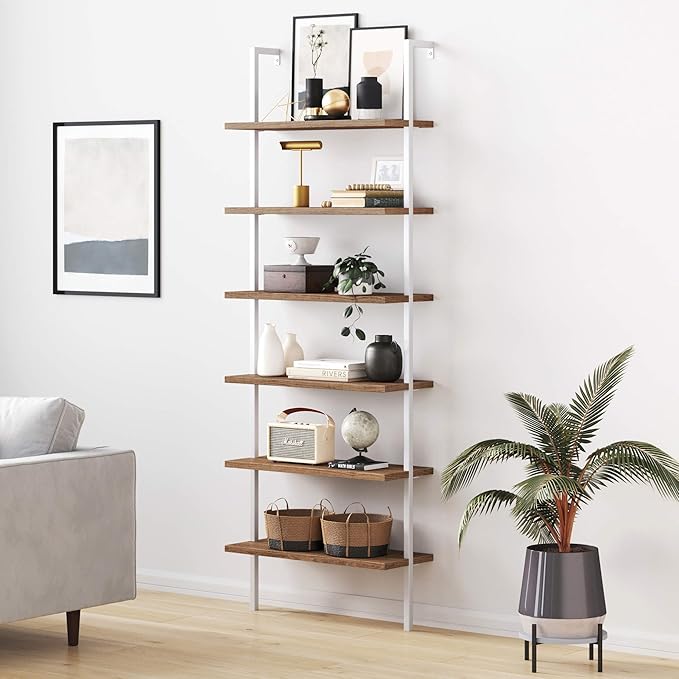 Nathan James Theo 6-Shelf Tall Bookcase, Wall Mount Bookshelf with Natural Wood Finish and Industrial Metal Frame, Rustic Oak/White