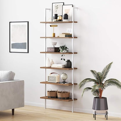 Nathan James Theo 6-Shelf Tall Bookcase, Wall Mount Bookshelf with Natural Wood Finish and Industrial Metal Frame, Rustic Oak/White