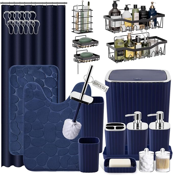 30PC Bathroom Accessories Set - Gorgeous Navy Blue Bathroom Set, Bathroom Accessory Set, Navy Blue Shower Curtain Set with Shower Caddy