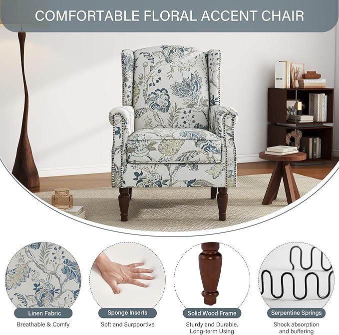 UIXE High Back Floral Accent Chairs Set of 2, Upholstered Armchair in Fabric, Retro Printed Wingback Arm Chair for Living Room, Nailhead Trim Single Sofa Bedroom Reading Seat - Plants Blue