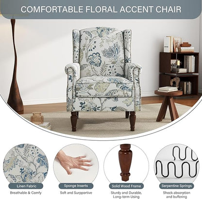 UIXE High Back Floral Accent Chair, Upholstered Armchair in Fabric, Retro Printed Wingback Arm Chair for Living Room, Nailhead Trim Single Sofa Bedroom Reading Seat - Plants Blue