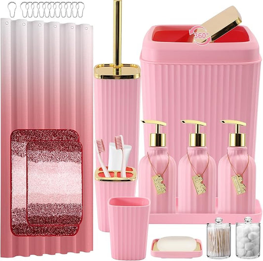 32PCS Bathroom Set Bathroom Sets with Shower Curtain and Rugs Pink Bathroom Accessories,Shower Curtain Set,Bathroom Rug Set with Bathroom Trash Can