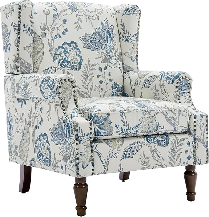 UIXE High Back Floral Accent Chairs Set of 2, Upholstered Armchair in Fabric, Retro Printed Wingback Arm Chair for Living Room, Nailhead Trim Single Sofa Bedroom Reading Seat - Plants Blue