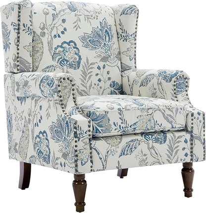 UIXE High Back Floral Accent Chairs Set of 2, Upholstered Armchair in Fabric, Retro Printed Wingback Arm Chair for Living Room, Nailhead Trim Single Sofa Bedroom Reading Seat - Plants Blue