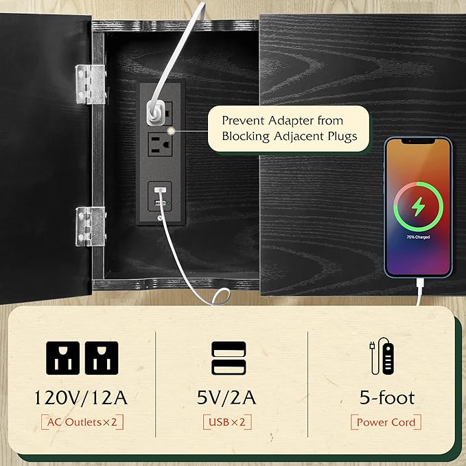 WLIVE Narrow Side Table with 2 USB Ports and 2 Outlets, Flip Top End Table with Drawer and Storage Shelves, End Stand with Charging Station for Living Room, Bedroom, Small Spaces,Black