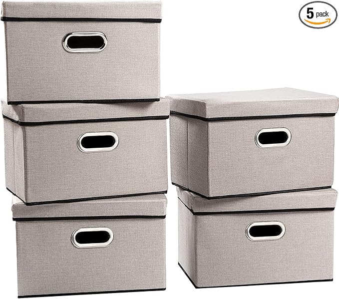 PRANDOM Foldable Storage Bin with Lid [5-Pack] Linen Fabric Decorative Storage Box Organizer Container Basket Cube with Handles Divider for Closet Office Living Room Light Grey(14.9x9.8x9.8)