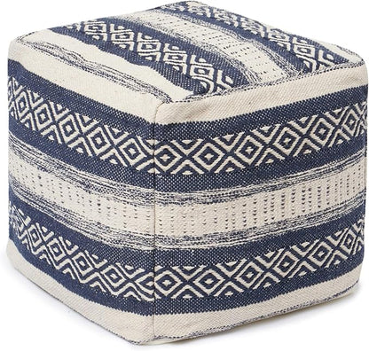 REDEARTH · Tufted Pouf Ottoman with Filler Textured Storage Cube Bean Bag Pouffe Footrest for Living Room, Bedroom, Nursery, Home Decor; 100% Cotton (17.5"X17.5"X17.5", Indigo Impressions)