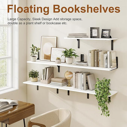 White Floating Shelves 40"W x 12"D, Deep Wall Shelves with Brackets for Books, Plant, 12 Inch Deep Bathroom Shelf Set of 2, Large Floating Shelf for Living Room, Bedroom, Kitchen, Set of 2