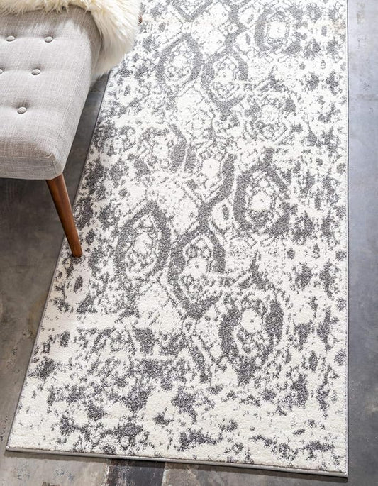 Unique Loom Rosso Collection Vintage, Geometric, Bohemian, Traditional, Distressed, Southwestern Area Rug, 2' 7" x 10' 0", Light Gray/Ivory