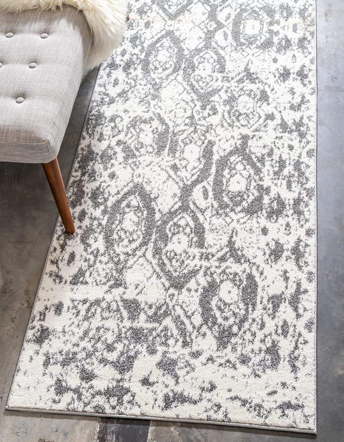 Unique Loom Rosso Collection Vintage, Geometric, Bohemian, Traditional, Distressed, Southwestern Area Rug, 2' 0" x 6' 0", Light Gray/Ivory