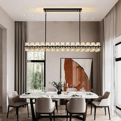 Crystal Black Rectangular Chandelier Light Fixture,54 in Dining Room Chandeliers Over Table,Modern Chandeliers For Living Room,Arcachon Chandelier,Kitchen Island Chandeliers Includes 60xG4 Bulbs