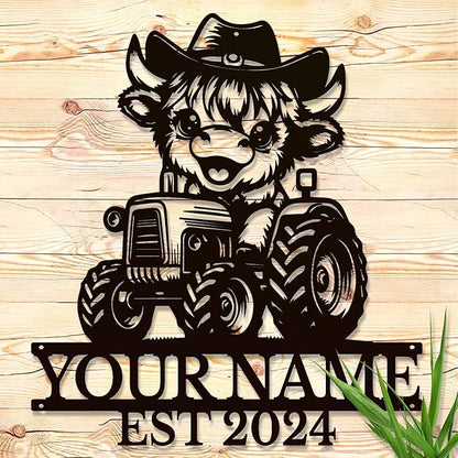 Personalized Highland Cow Name metal Signs,Custom Highland Cow Metal Shed Wall Decor,Black Metal Wall Art Plaques Outdoor wall Decorative Signage (Style B)
