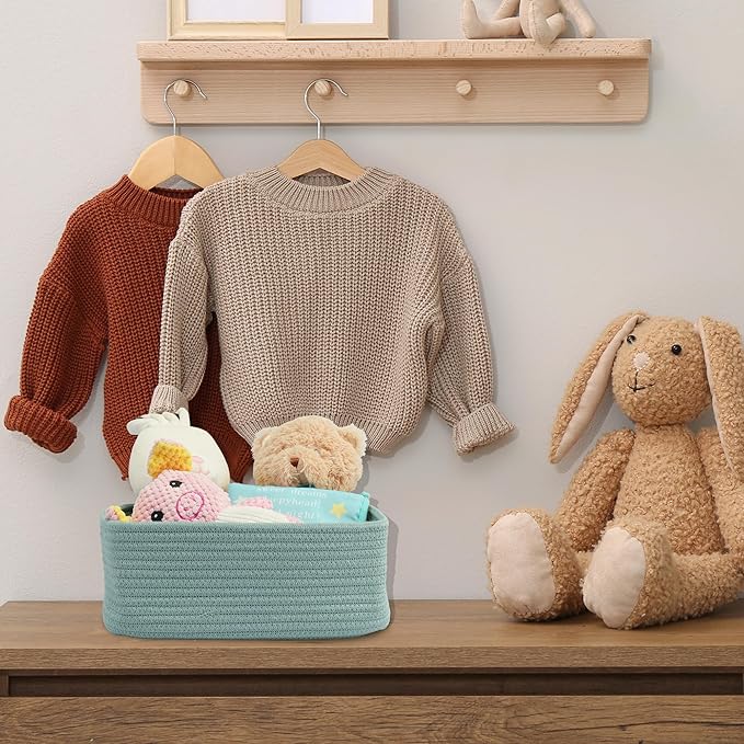 Small Woven Storage Baskets 13“X9”X5“ Decorative Rope Bins for Organizing Shelves, Closets, and Toys, Empty Gift Baskets, Cute Organizer Basket for Home and Office (green, Large)
