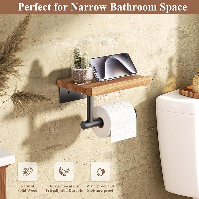 Tindbea Toilet Paper Holder with Wood Shelf, Wooden Wall Mount Tissue Paper Roll Holder, Matte Black Stainless Steel Bathroom Accessories Decor for Home (Sapele, Matte Black)