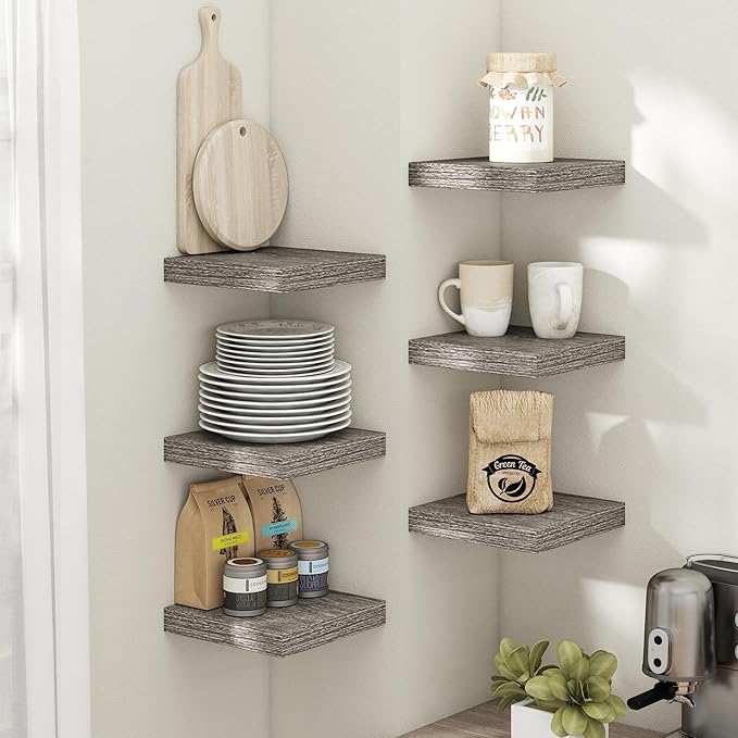 8 Inch Square Floating Shelves for Wall 3 Pack, 8"D Wood Grain Bathroom Shelves with Invisible Brackets, Easy Install Engineered Wood Storage Shelves for Kitchen, Living Room, Bedroom, Grey Oak Finish