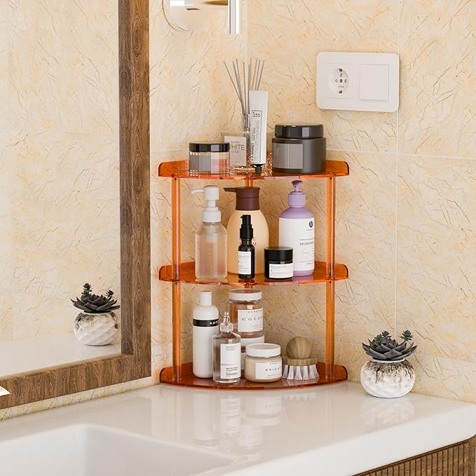 3 Tier Acrylic Corner Shelf Organizer Storage 9.5x9.5x15.7 Inch, Orange Countertop Corner Shelf for Bathroom, Kitchen, Bedroom, Office, Study Room