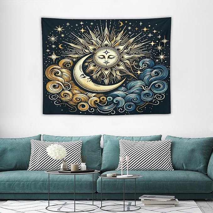 HZOHNAGO Sun Moon Tapestry Boho Golden Stars Pattern Printed Wall Tapestry Wall Hanging for Bedroom Living Room Dorm 40" W x 30" H