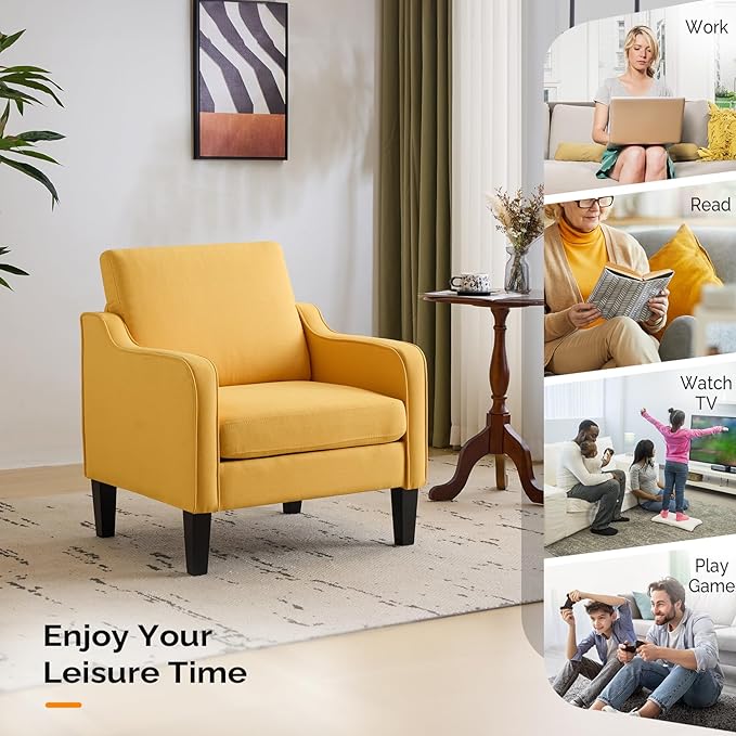 VINGLI Accent Chair for Living Room Chairs Yellow Reading Chair for Bedroom Scooped Arm Chair Mid Century Modern Accent Chairs Upholstered Comfy Chair for Apartment, Waiting Room