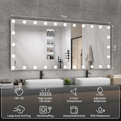 Hasipu LED Bathroom Mirror with Lights, 71" x 32" Hollywood Wall-Mounted Bathroom Mirror with 28 Dimmable Bulbs, 3 Colors Modes, Touch Control, Anti-Fog, Memory Function, Shatter-Proof, ETL Listed
