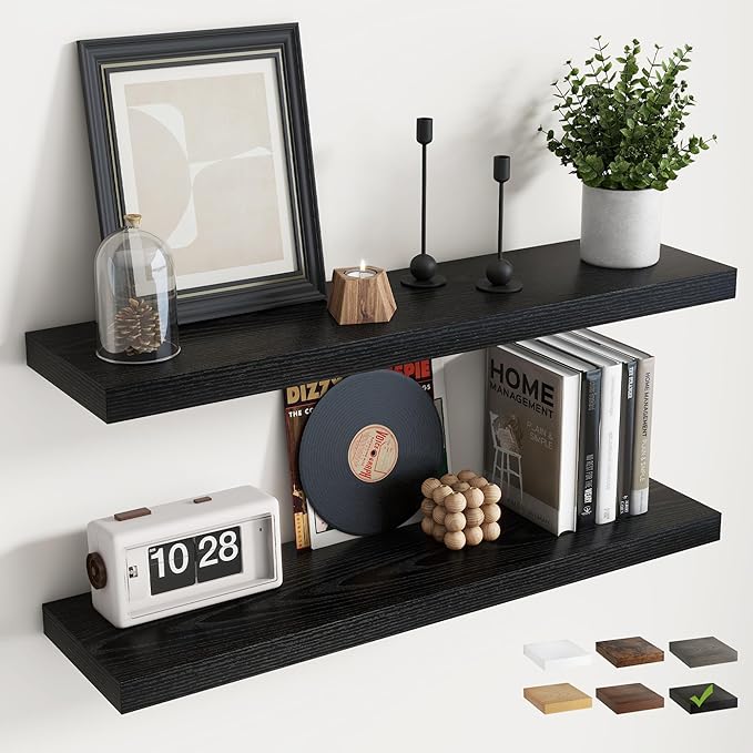 36 Inch Floating Shelves for Wall Set of 2, 8"D Wood Grain Bathroom Shelves with Invisible Brackets, Easy Install Engineered Wood Storage Shelves for Kitchen, Living Room, Bedroom, Black Finish