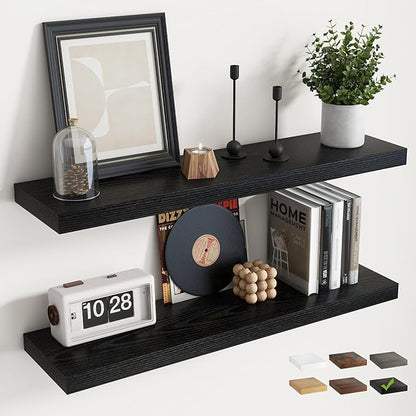 36 Inch Floating Shelves for Wall Set of 2, 8"D Wood Grain Bathroom Shelves with Invisible Brackets, Easy Install Engineered Wood Storage Shelves for Kitchen, Living Room, Bedroom, Black Finish
