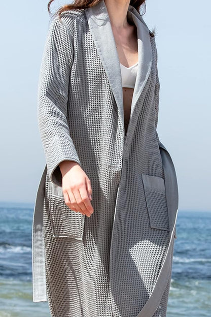 Women’s Luxury Waffle Shawl Collar, Hooded Robe w Piping – Lightweight, Long, Ultra Soft Spa Sleepwear Bathrobe