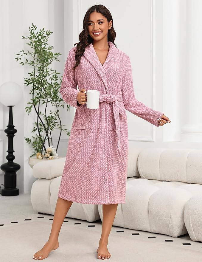 Ekouaer Women's Robe Plush Soft Long Bathrobe Cozy Warm Shawl Collar Spa Robe with Pockets