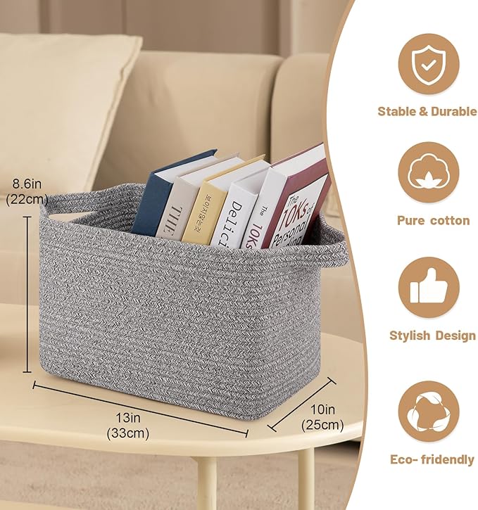 OIAHOMY Storage Basket, Woven Baskets for Storage, Cotton Rope Basket for toys,Towel Baskets for Bathroom - Pack of 3, Light Grey