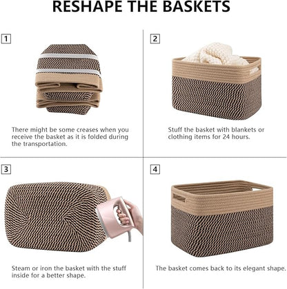 4 Pack Storage Baskets for Organizing, Woven Baskets for Shelves - Perfect for Toys, Books, Towels, and Clothes, Durable Gift Basket Bins Toy Storage, 13''L x9''W x7.8''H, Black and Brown