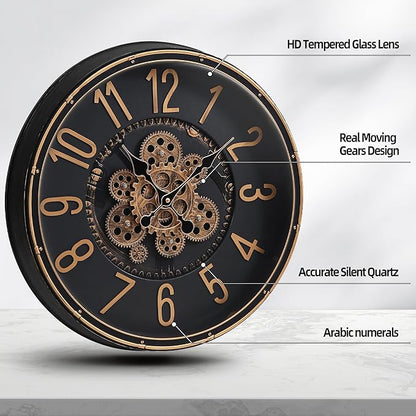 Maxstar Large Moving Gear Wall Clock,20" Vintage Mechanical Battery Operated Industrial Wall Clocks for Farmhouse Living Room,Home Office, Dinning Room, Kitchen, Steampunk Decor-Gold,Arab Numeral