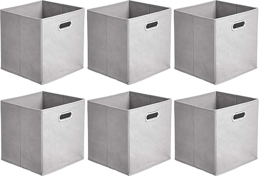 Amazon Basics Collapsible Cube Storage Organizer Bins, 6-Pack, 10.5 x 10.5 x 11 inches, Light Grey