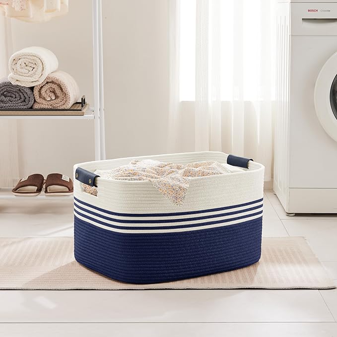 72L Large Laundry Basket with Leather Handles for Living Room Storage, Woven Rope Baskets Bin for Blanket, Kids Toy, Gifts, Wicker Hamper for Bedroom Dirty Clothes, 22"x17"x12" White Navy