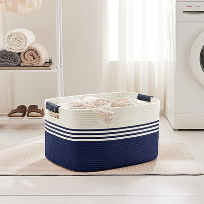 72L Large Laundry Basket with Leather Handles for Living Room Storage, Woven Rope Baskets Bin for Blanket, Kids Toy, Gifts, Wicker Hamper for Bedroom Dirty Clothes, 22"x17"x12" White Navy